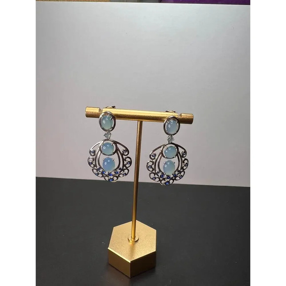 LAB CREATED BLUE SPINEL AND BLUE CHALCEDONY RHODIUM OVER SILVER EARRINGS - Picture 6 of 11